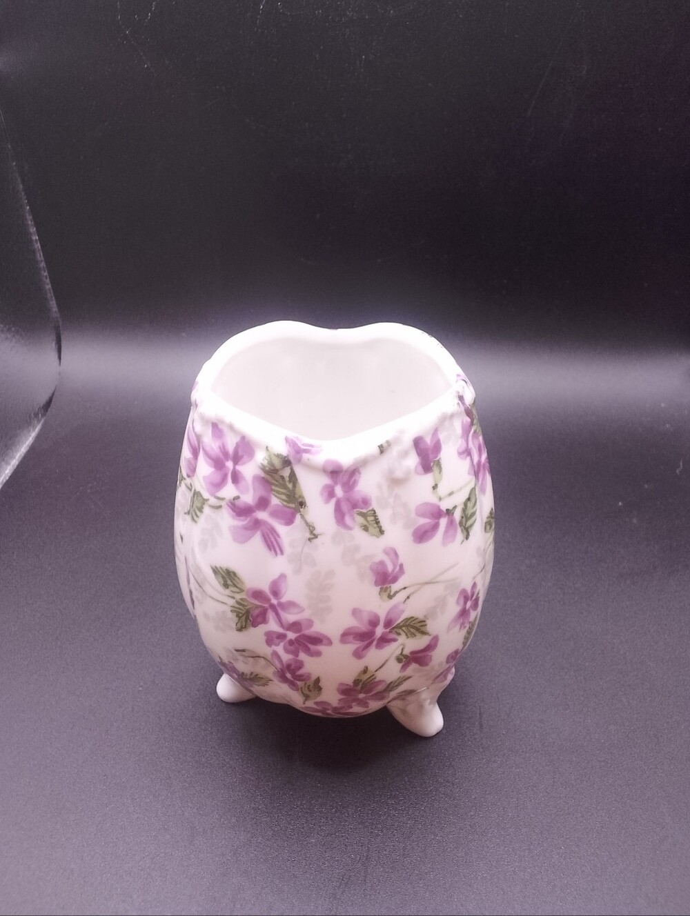 Vtg INARCO Cracked Egg 3-Footed Vase Planter Flower Chintz Violets E-4985, Japan